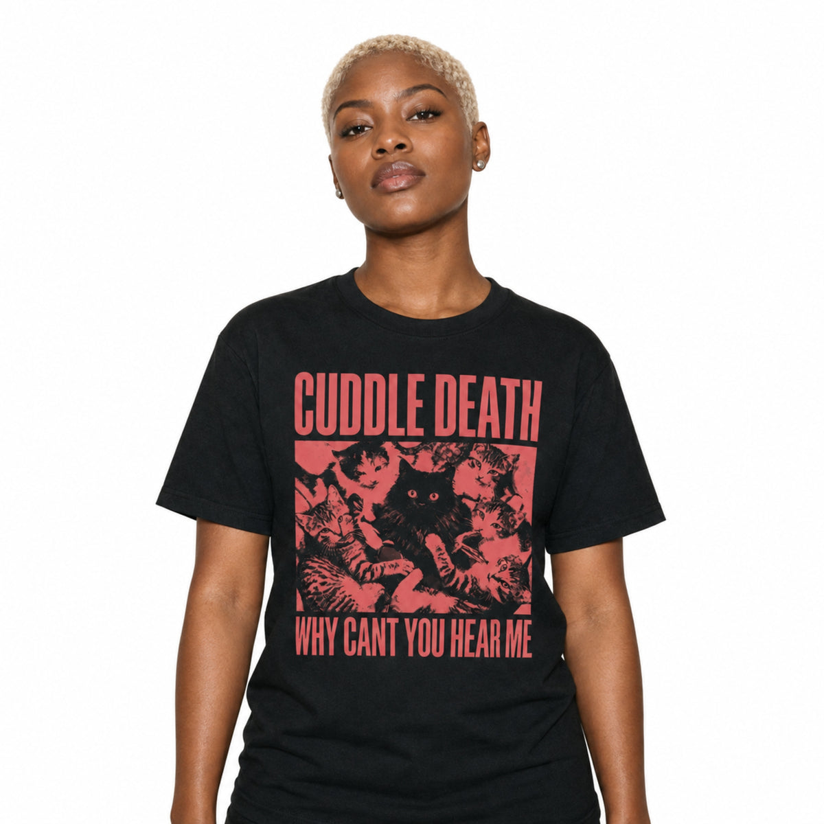 Model wearing the black Cuddle Death Cat Tee on a white background