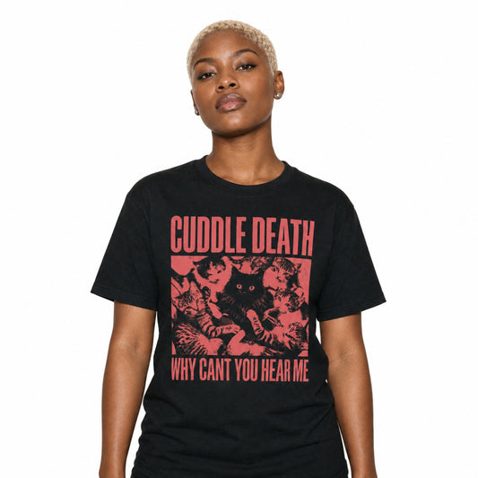 Model wearing the black Cuddle Death Cat Tee on a white background
