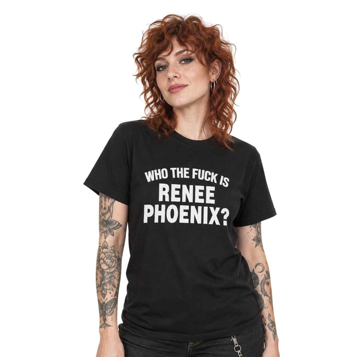 Model wearing the WHO IS TEE (LIMITED EDITION) on a white background