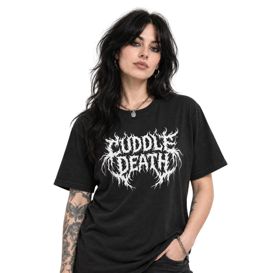 Model wearing the CUDDLE DEATH METAL TEE on a white background