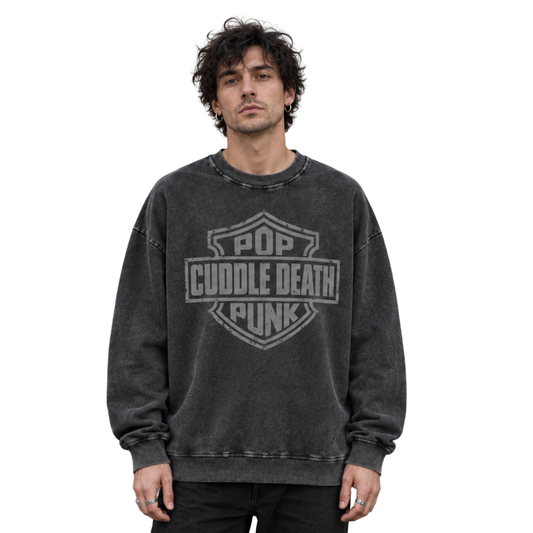 Model wearing the Cuddle Death Cuddle Crew sweatshirt, front view