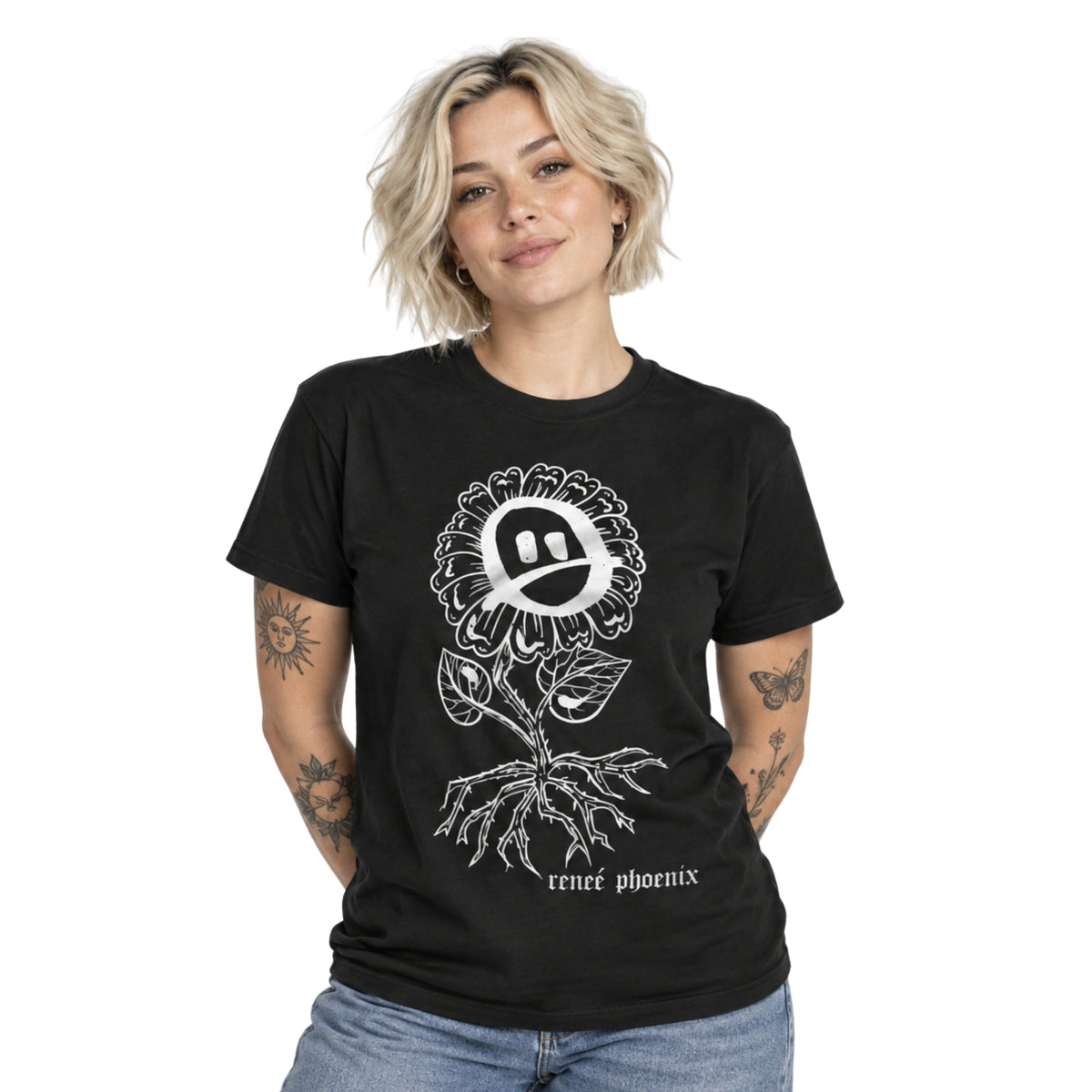 Model wearing the FLOWER TEE (LIMITED EDITION) on a white background