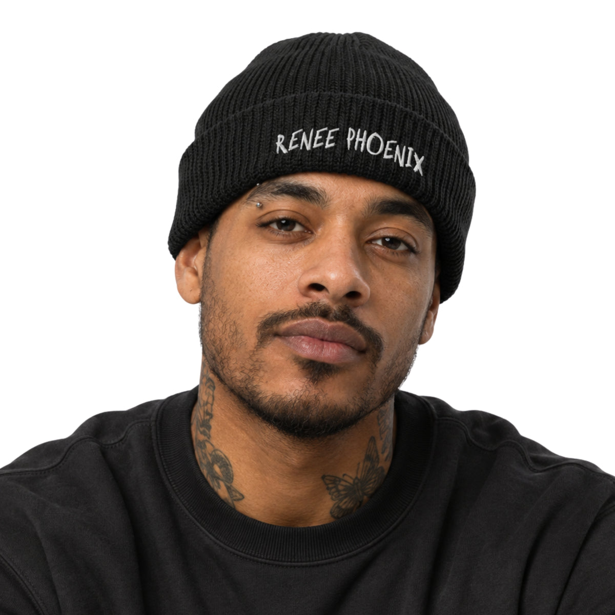 Model wearing the RENEE BEANIE on a white background