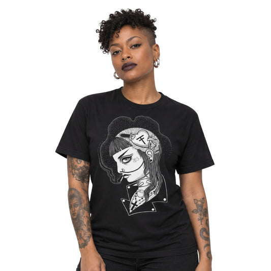 Model wearing the BAD BXTCH TEE on a white background