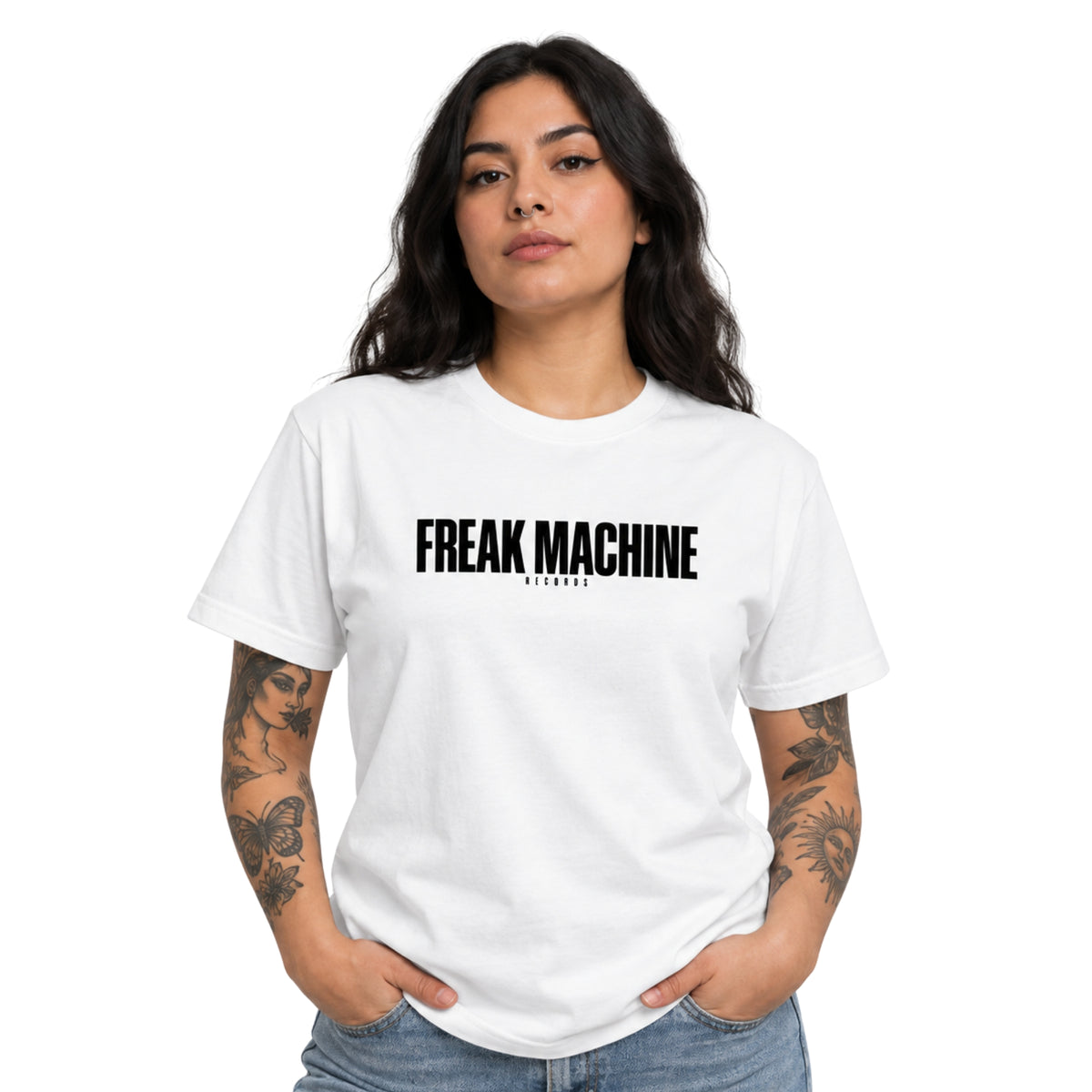 Model wearing the FM WHITE TEE on a white background