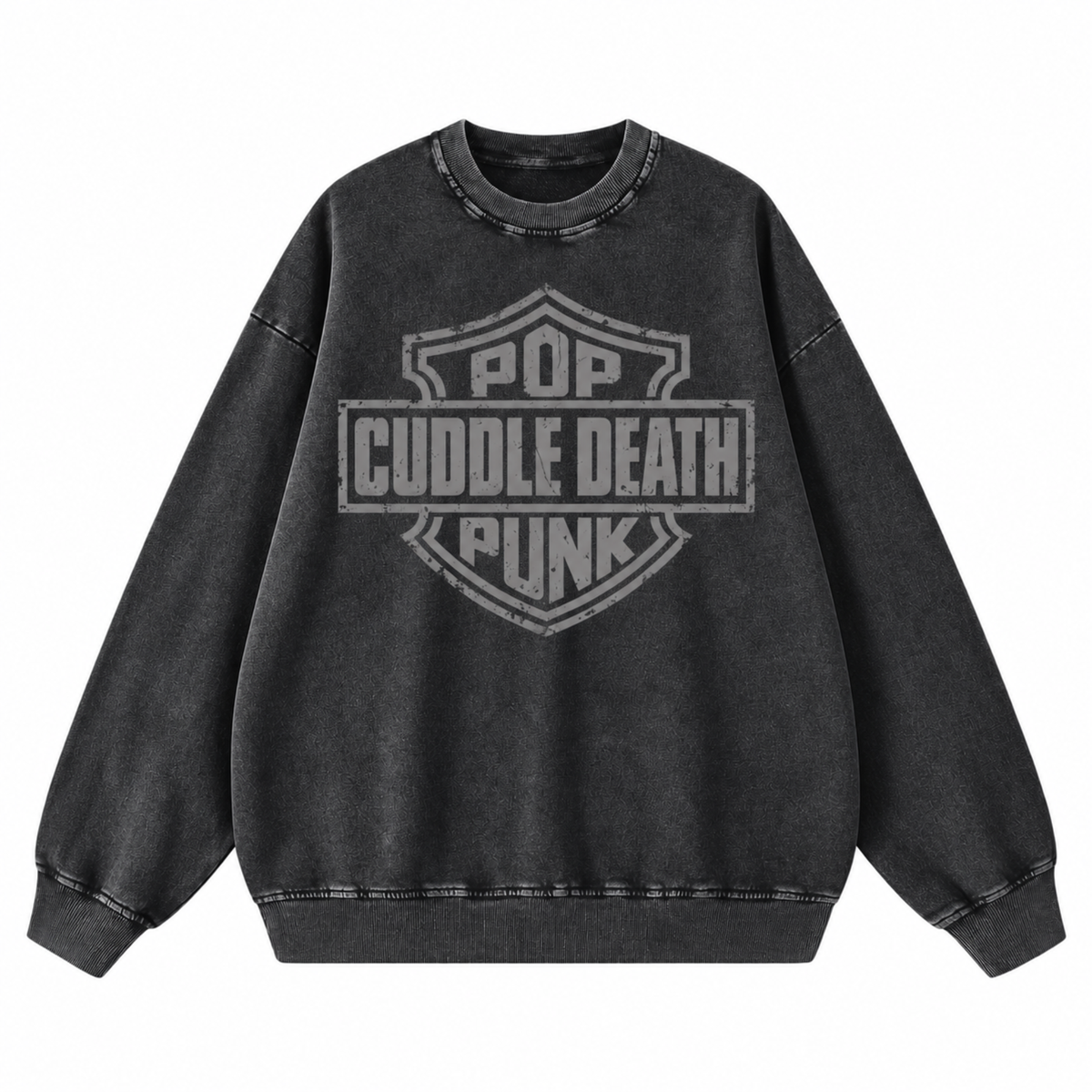 Cuddle Death Cuddle Crew washed charcoal sweatshirt with large distressed gray front graphic