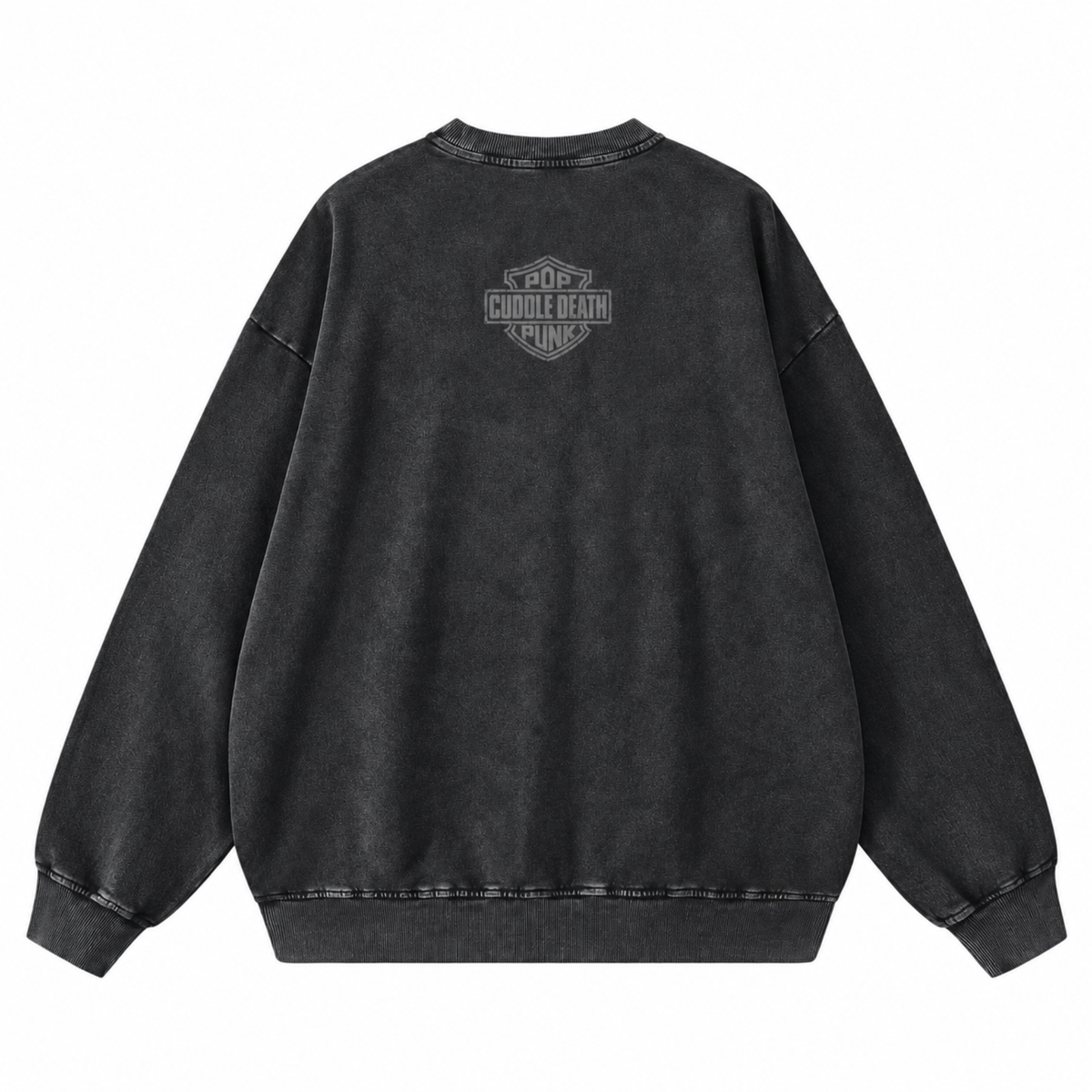 Cuddle Death Cuddle Crew sweatshirt back with small gray upper-back badge
