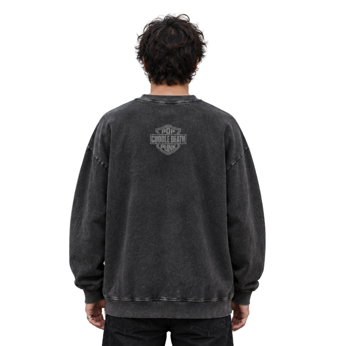 Model wearing the Cuddle Death Cuddle Crew sweatshirt, back view