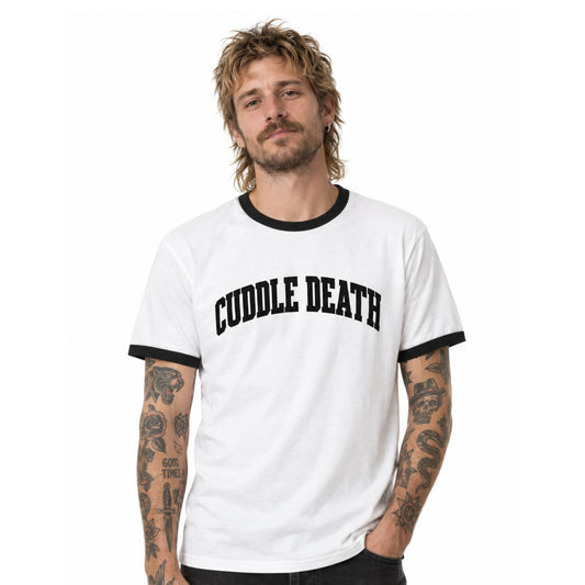 Model wearing the RINGER TEE on a white background
