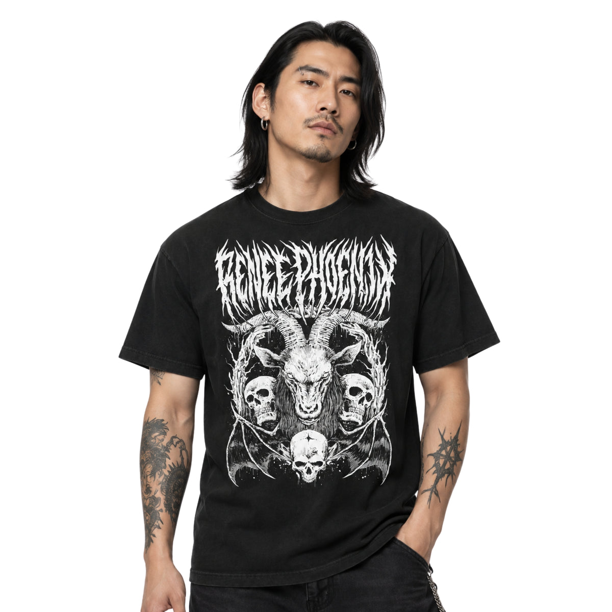 Model wearing the RENEE PHOENIX METAL TEE on a white background