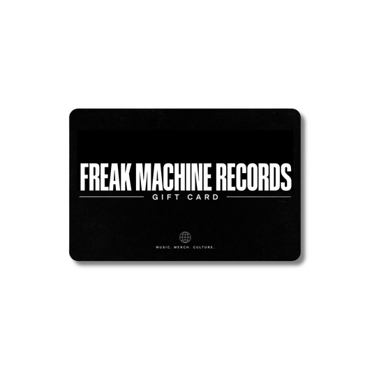 Black Freak Machine Records gift card graphic with bold white lettering on a white background.