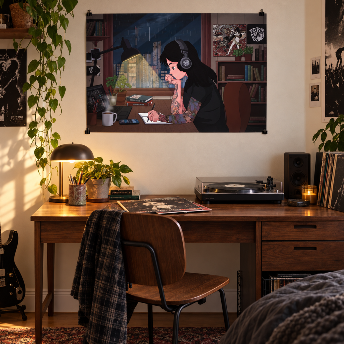 Fit For Lo-Fi Girl landscape poster displayed above a wooden desk with a turntable, records and plants.