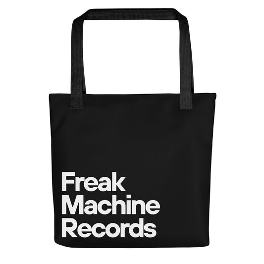 Freak Machine Records Tote Bag measuring 15x15 inches, featuring the brand logo and a stylish design. Durable and versatile tote for music lovers and fans of Freak Machine Records.