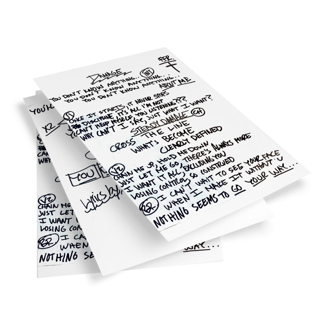 Handwritten Lyric Sheet featuring original lyrics from a Freak Machine Records artist. Unique collectible item for fans and music enthusiasts.