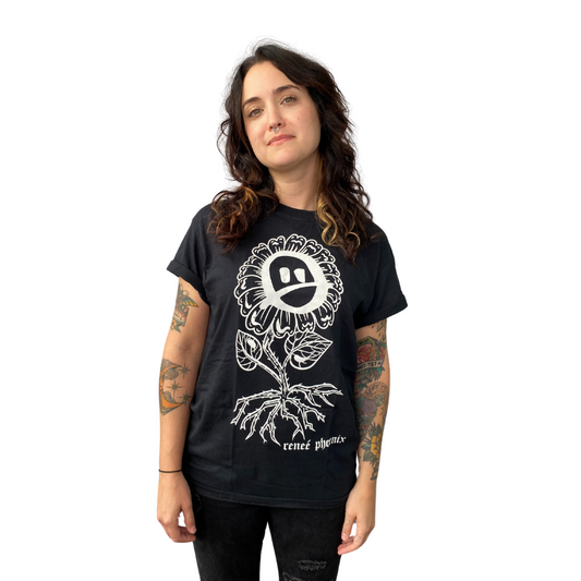 Renee Phoenix Sad Flower T-Shirt featuring a bold, wilting flower design on a soft black cotton fabric, available in various sizes.