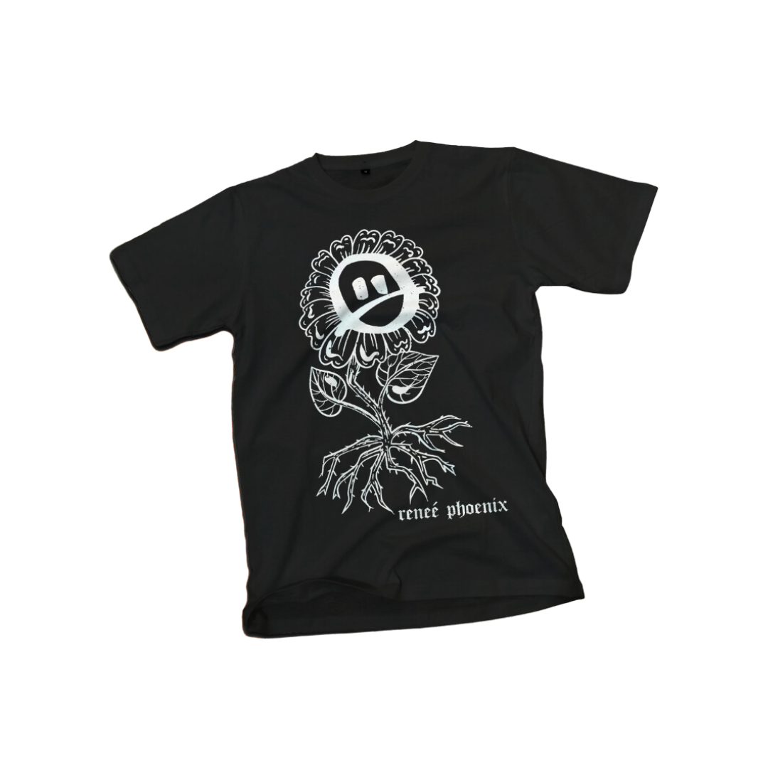 Renee Phoenix Sad Flower T-Shirt featuring a bold, wilting flower design on a soft black cotton fabric, available in various sizes.