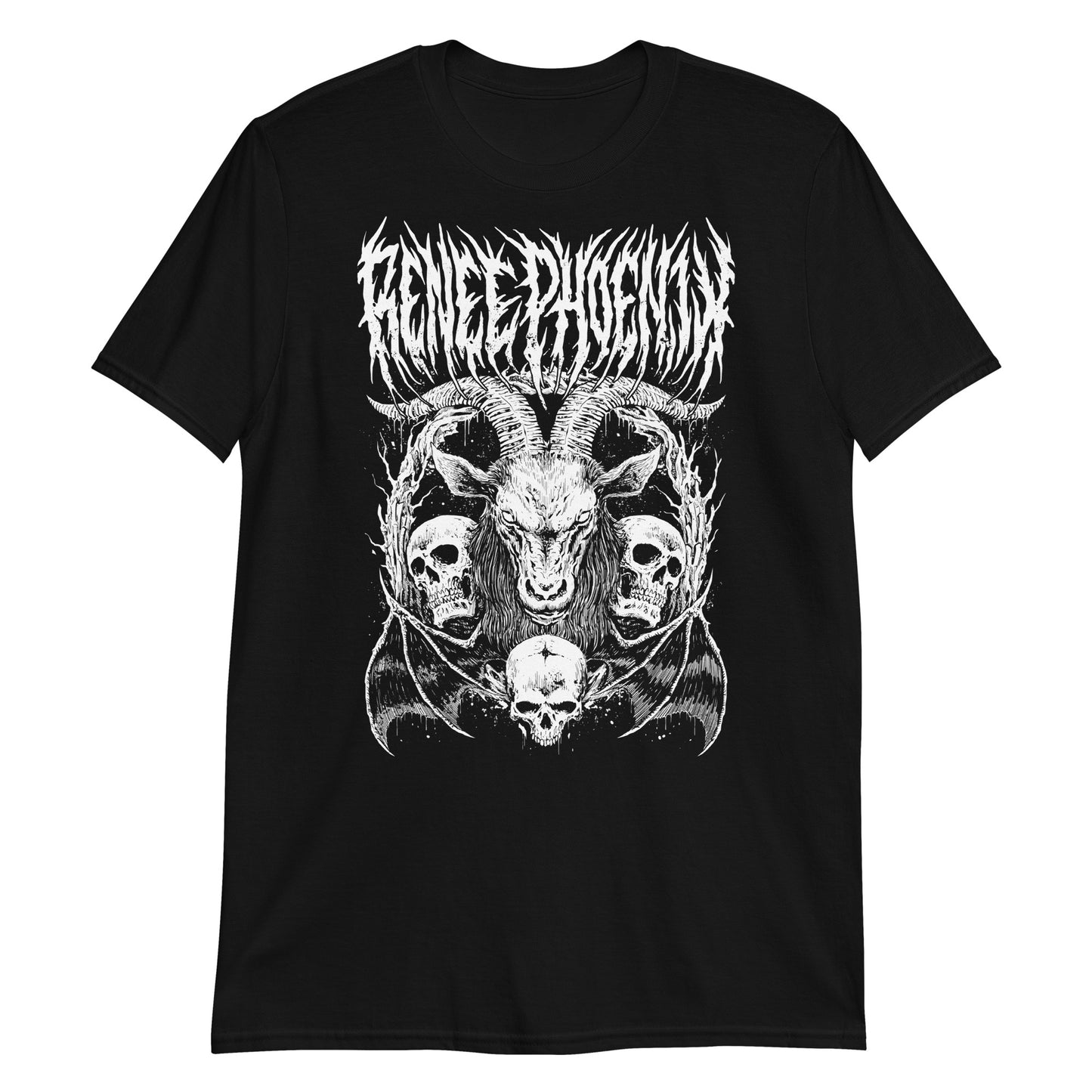 Renee Phoenix That's Heavy T-Shirt in black featuring a striking heavy metal design with a goat graphic. Stylish and comfortable tee for fans of heavy metal and Renee Phoenix.