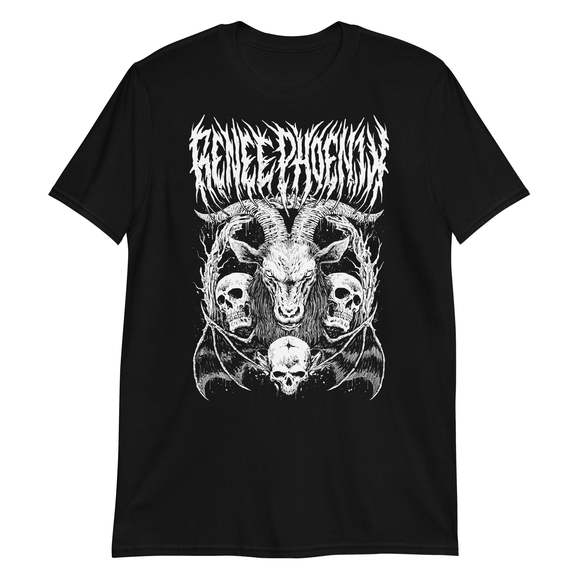 Renee Phoenix That's Heavy T-Shirt in black featuring a striking heavy metal design with a goat graphic. Stylish and comfortable tee for fans of heavy metal and Renee Phoenix.