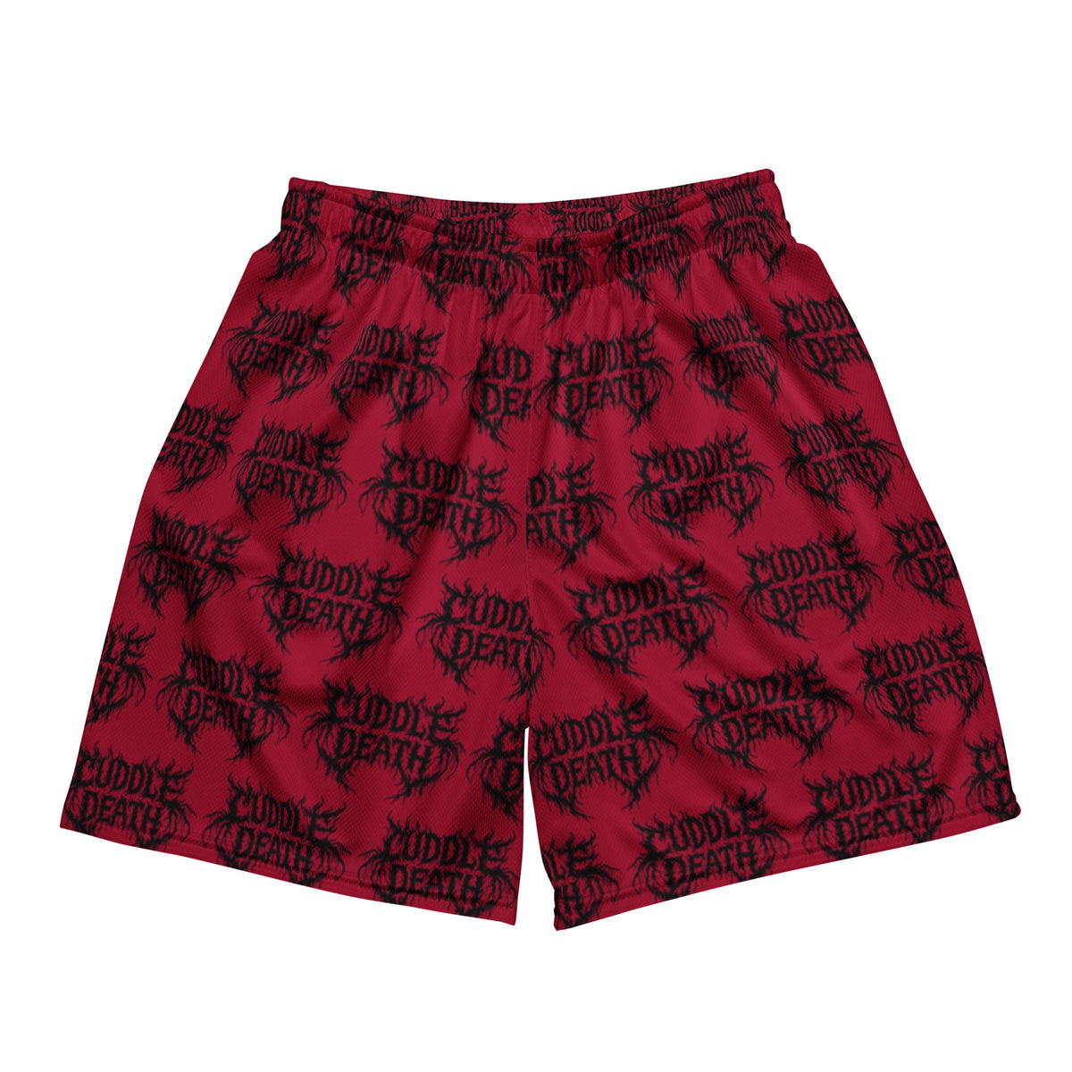 Red Cuddle Death unisex mesh shorts with repeating black metal-style logos, front view.