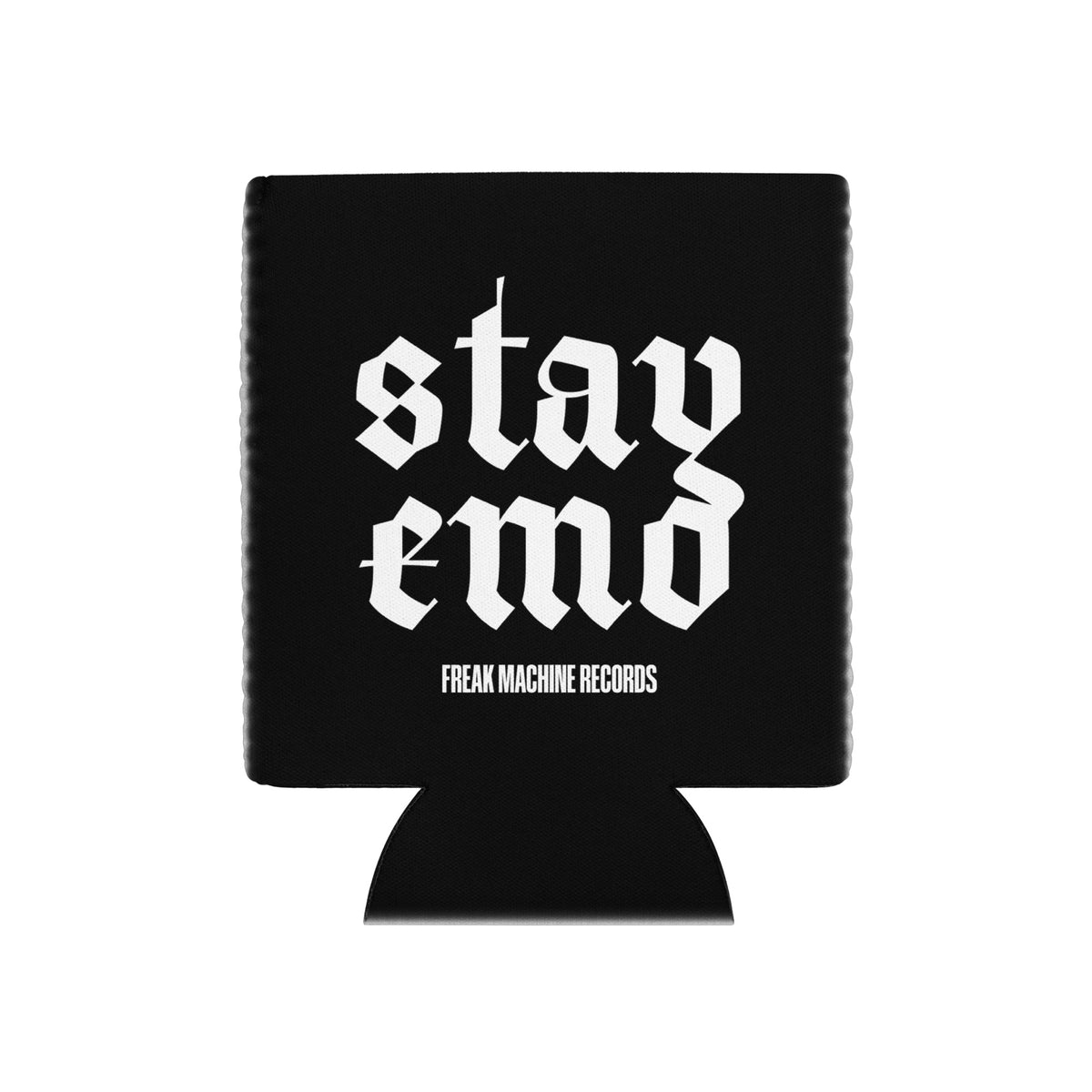 Black Freak Machine Records can cooler with white Stay Emo gothic lettering, front view.