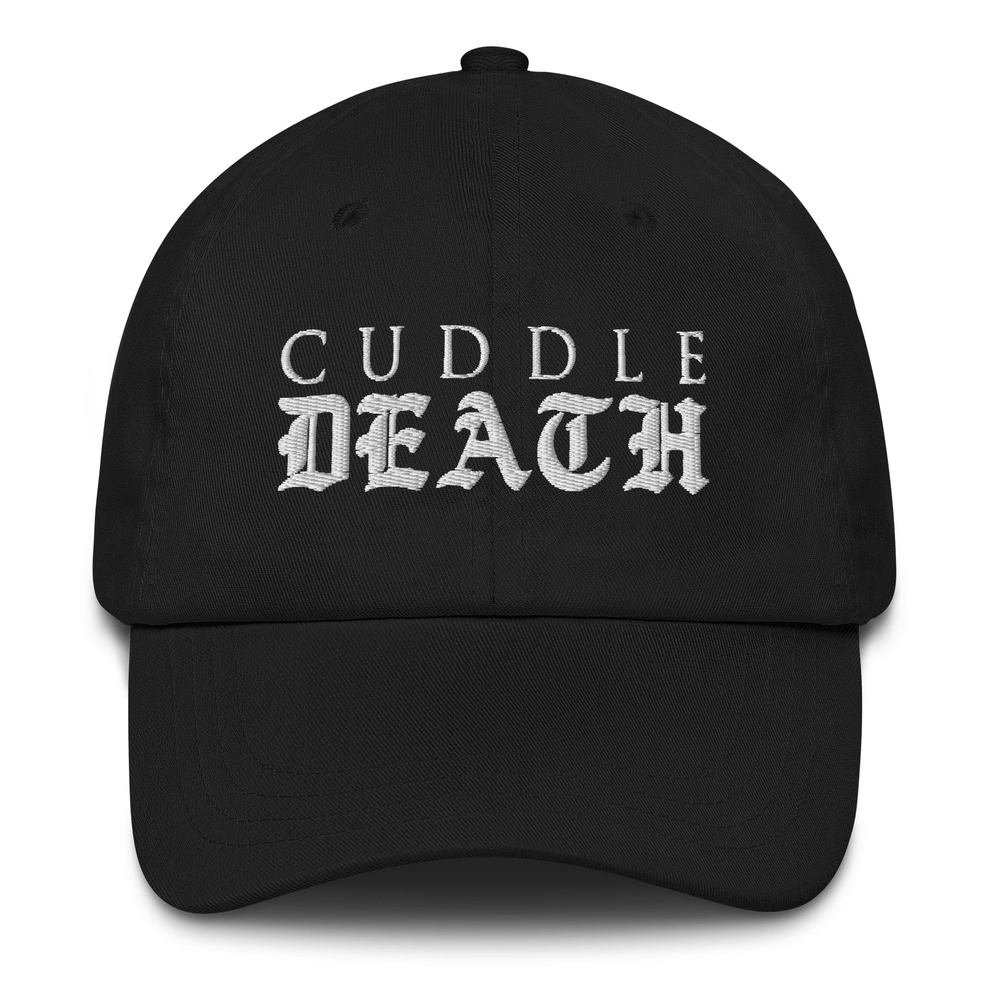 Cuddle Death black dad hat, front view