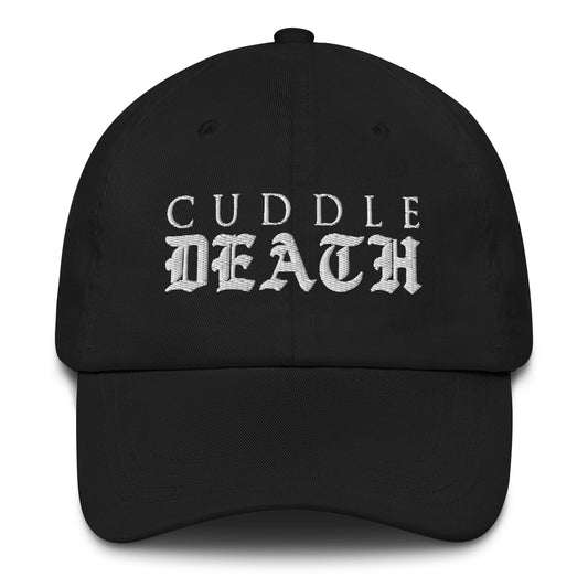 Cuddle Death black dad hat, front view