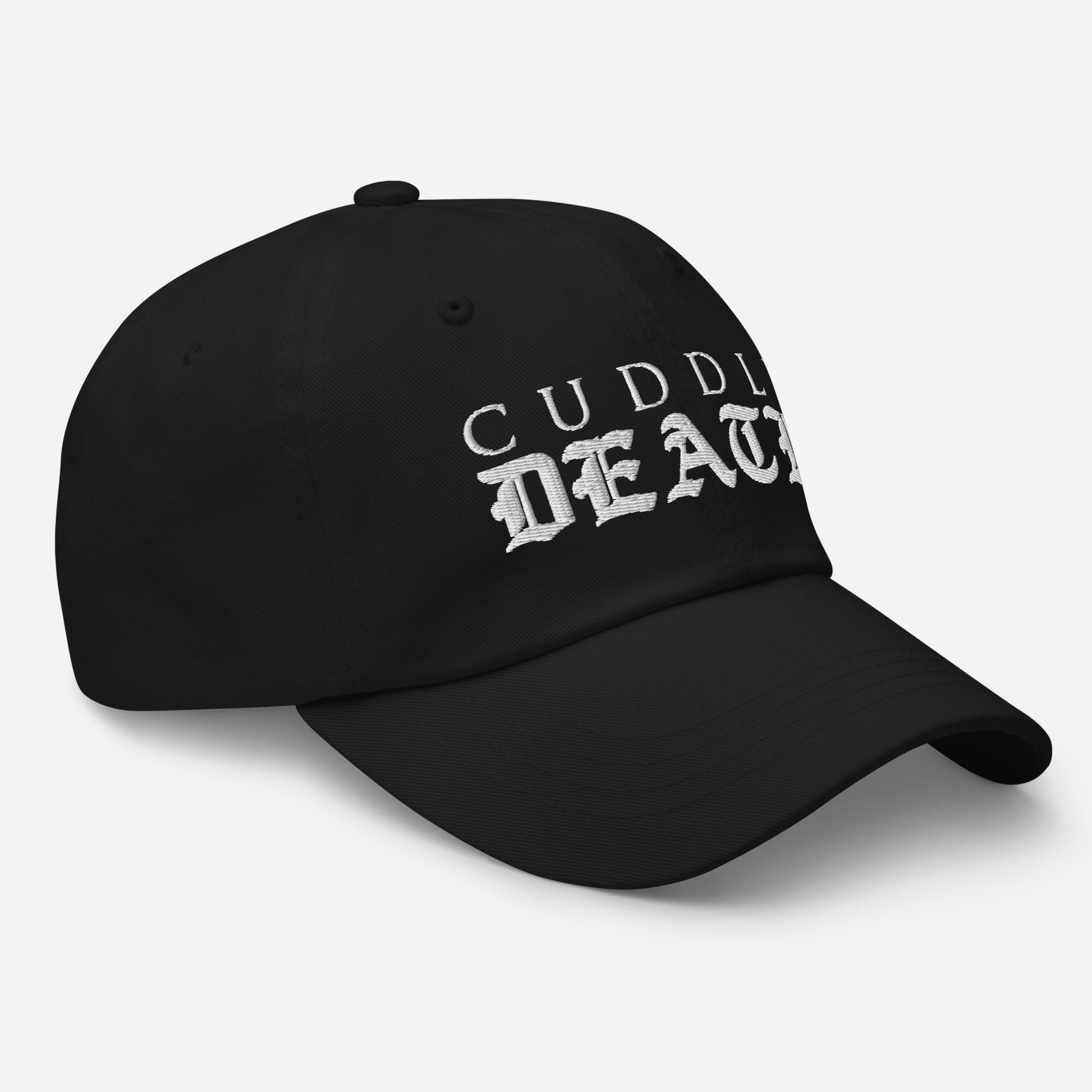 Cuddle Death black dad hat, side view