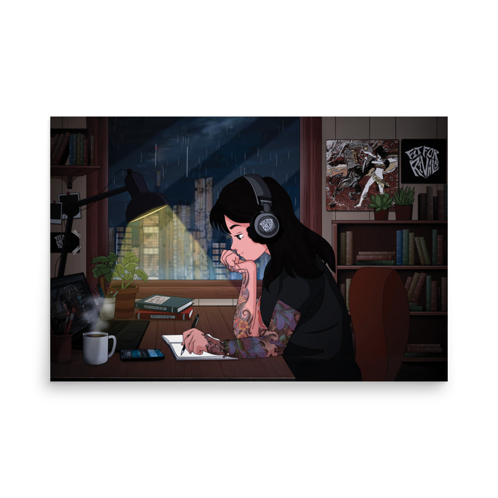 Fit For Lo-Fi Girl poster showing a tattooed woman in headphones writing beside a rainy city window.