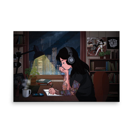 Fit For Lo-Fi Girl poster showing a tattooed woman in headphones writing beside a rainy city window.
