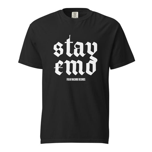 Black Comfort Colors Emo Tee with large white Stay Emo gothic lettering and Freak Machine Records text, front view.