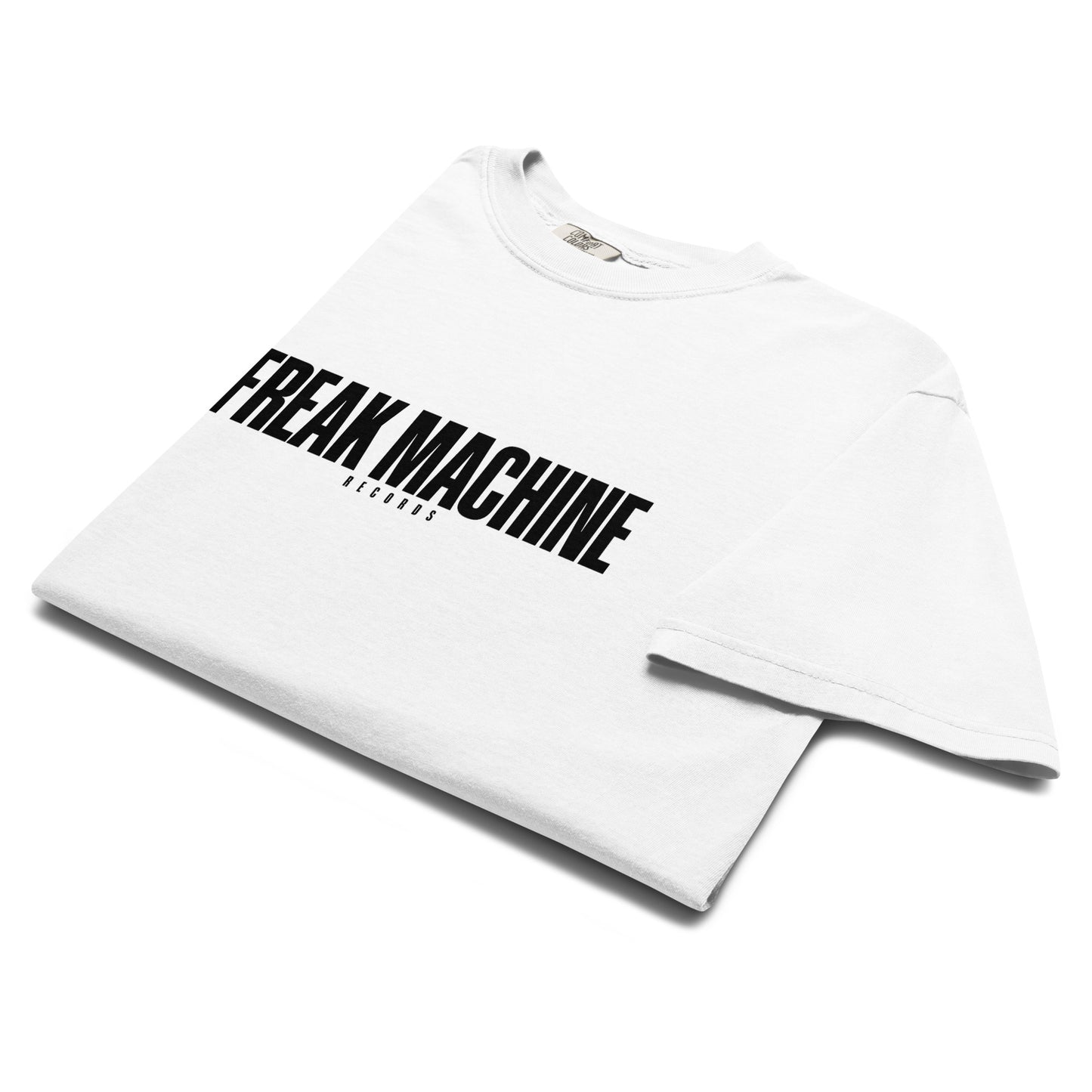 FM White Tee by Freak Machine Records, alternate front view