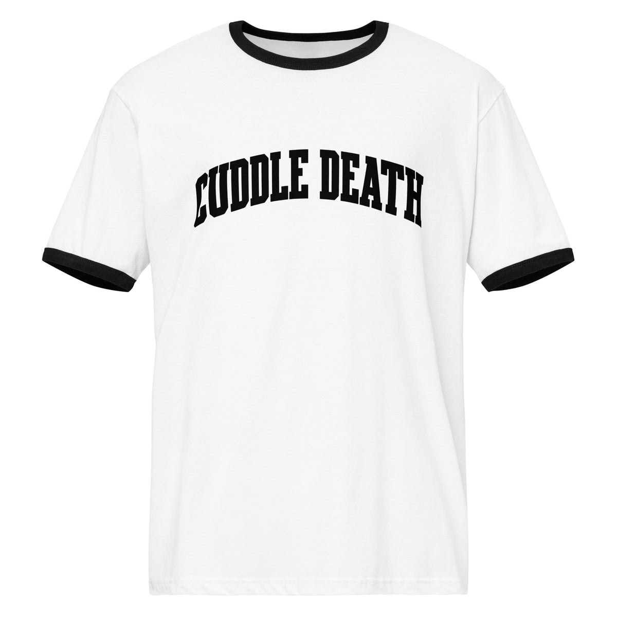 Cuddle Death College Ringer Tee white shirt with black trim front view