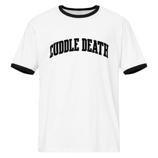 Cuddle Death College Ringer Tee white shirt with black trim front view